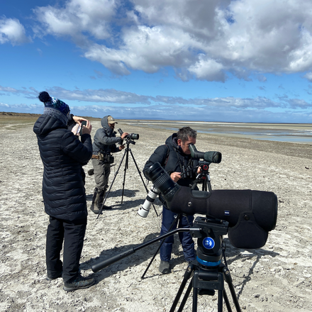 Birdwatchers using spotting scopes and cameras on a dry lakeshore