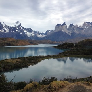 Lakes and wooded islands beneath the mountains of Torres del Paine