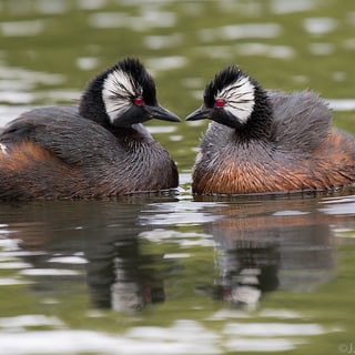 Two White-tufted Grebes facing each other on the water